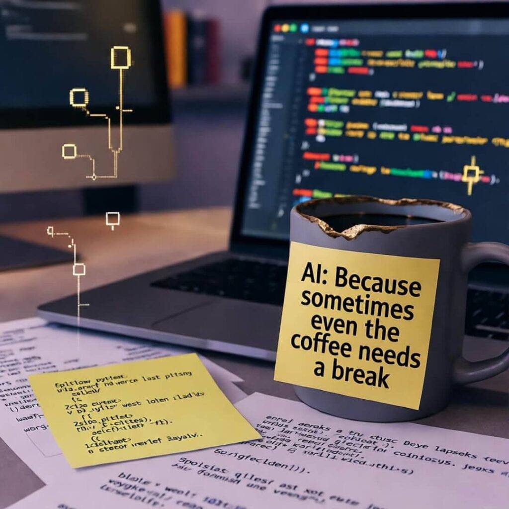 Blurry desk with glitchy Python script, chipped AI mug, crumpled code note.