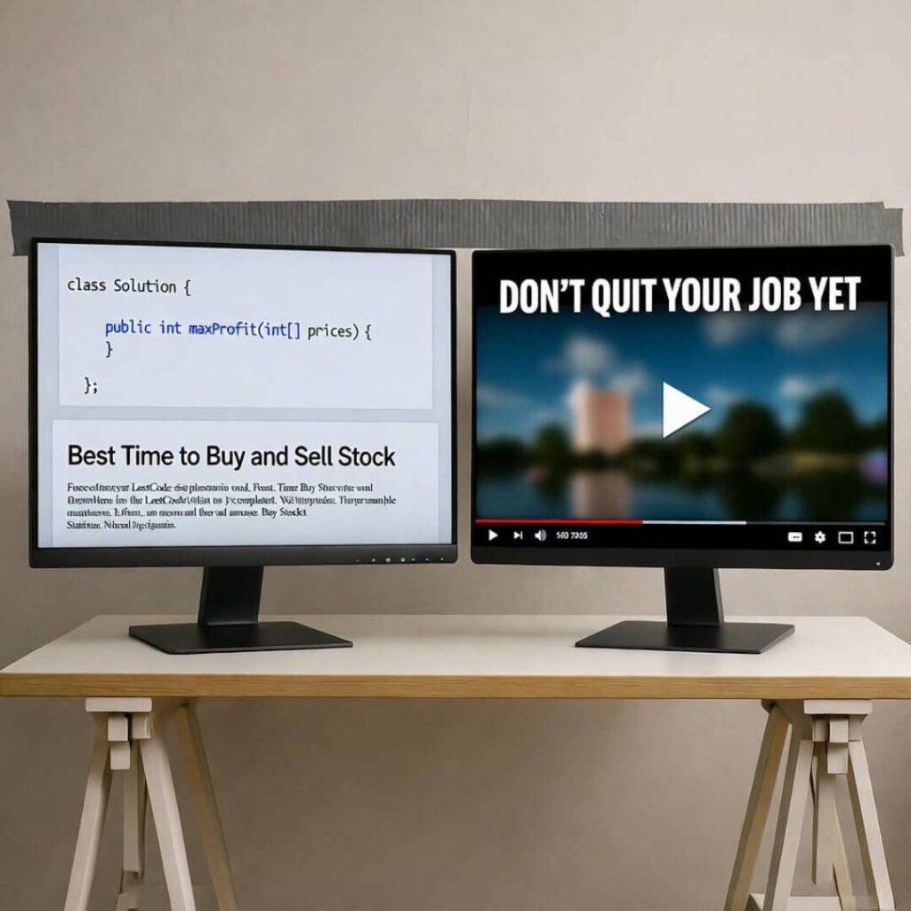 Duct-taped monitors on wobbly IKEA desk: LeetCode problem and "DON’T QUIT YOUR JOB YET."