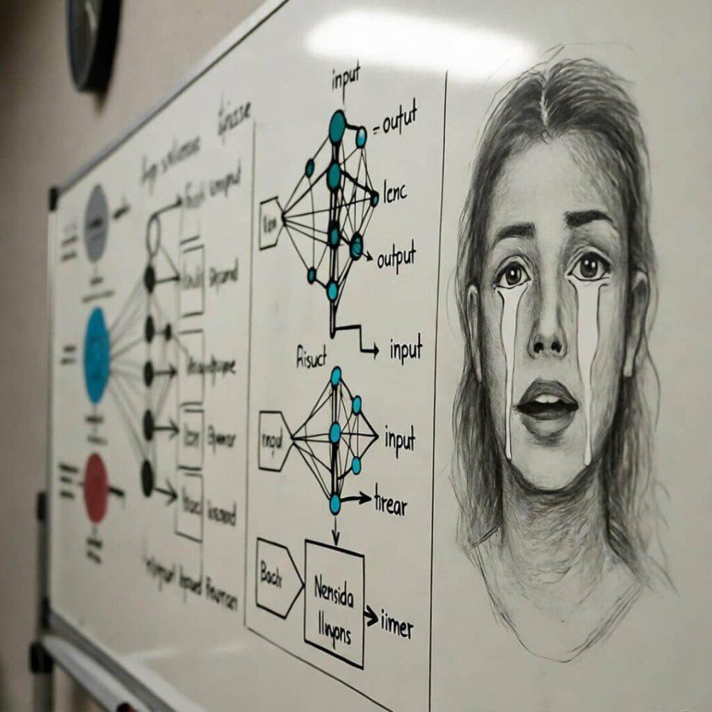 Blurry whiteboard with half-erased neural nets and crying doodle.