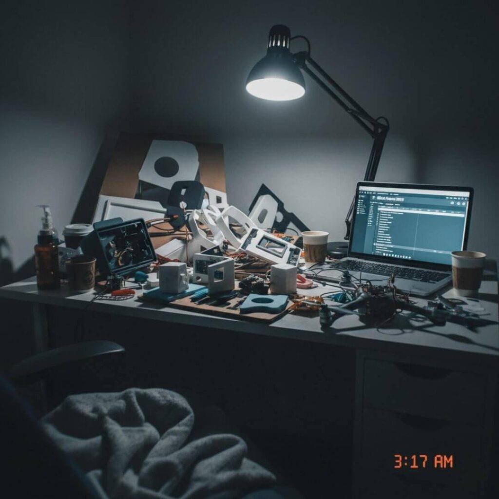 Bleary-eyed POV of messy desk with drone and prototypes.