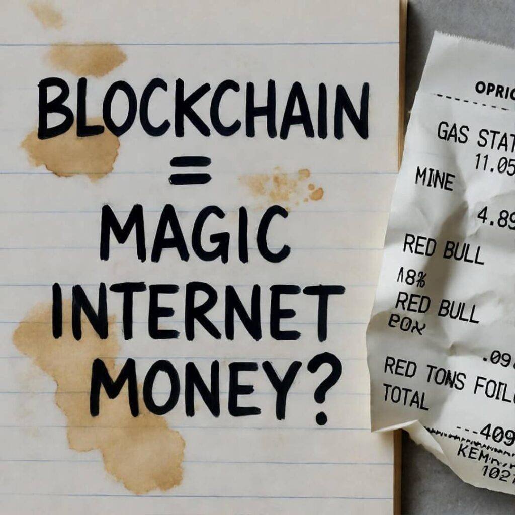 Coffee-stained notebook scrawls "BLOCKCHAIN = MAGIC INTERNET MONEY?" beside crumpled $4.89 Red Bull receipt.