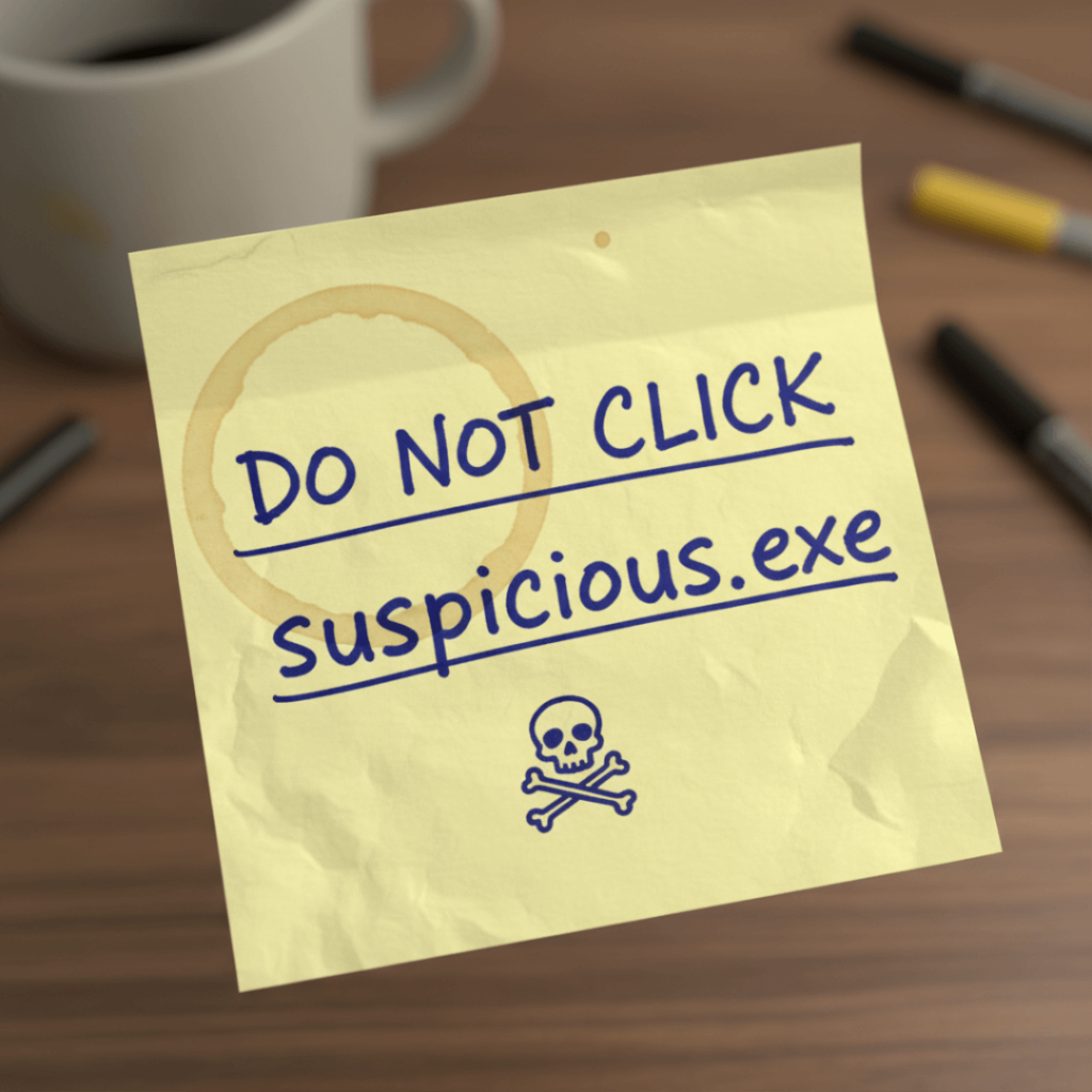 A sticky note warns "DO NOT CLICK suspicious.exe" with a coffee stain.