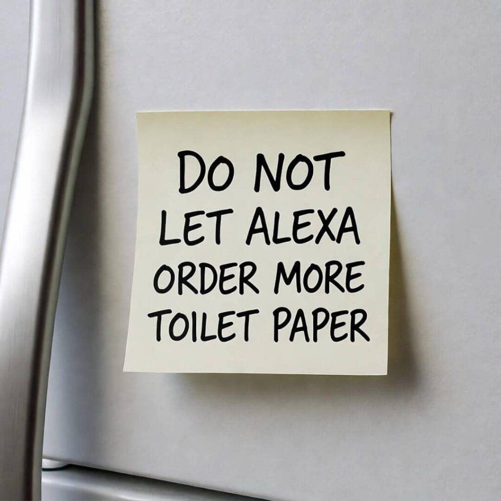 Sticky note on fridge: “DO NOT LET ALEXA ORDER MORE TOILET PAPER”