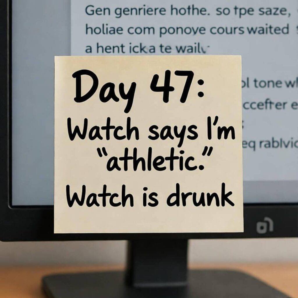 Blurry sticky note on monitor: "Day 47: Watch says I'm 'athletic.' Watch is drunk."
