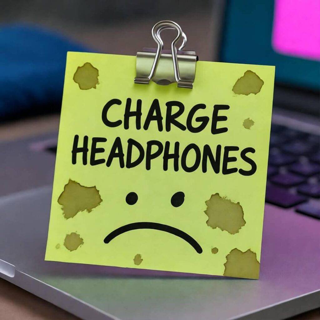 Coffee-stained sticky note on laptop: “CHARGE HEADPHONES” with sad face.