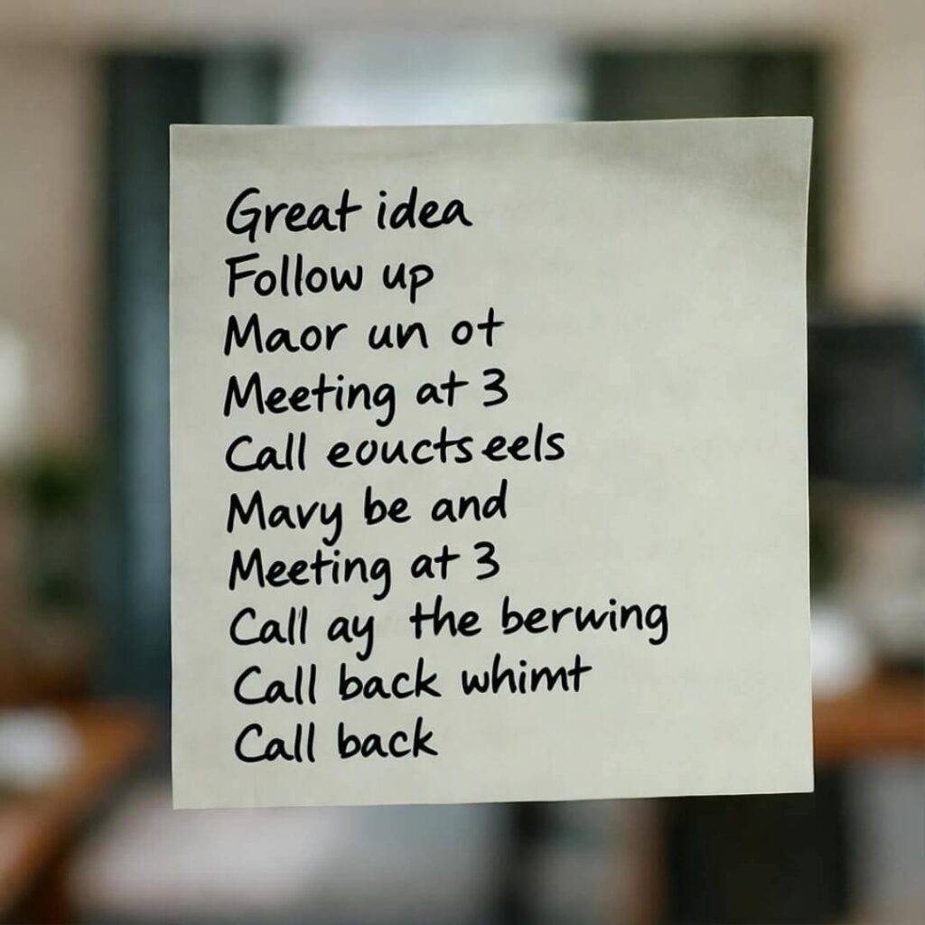 Handwritten sticky note with random thoughts and tasks.