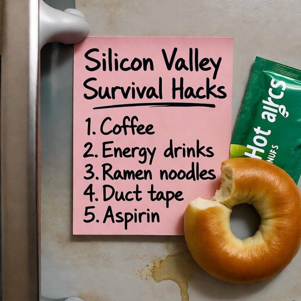 Sticky note on fridge with survival hacks, stale bagel, hot sauce packet.