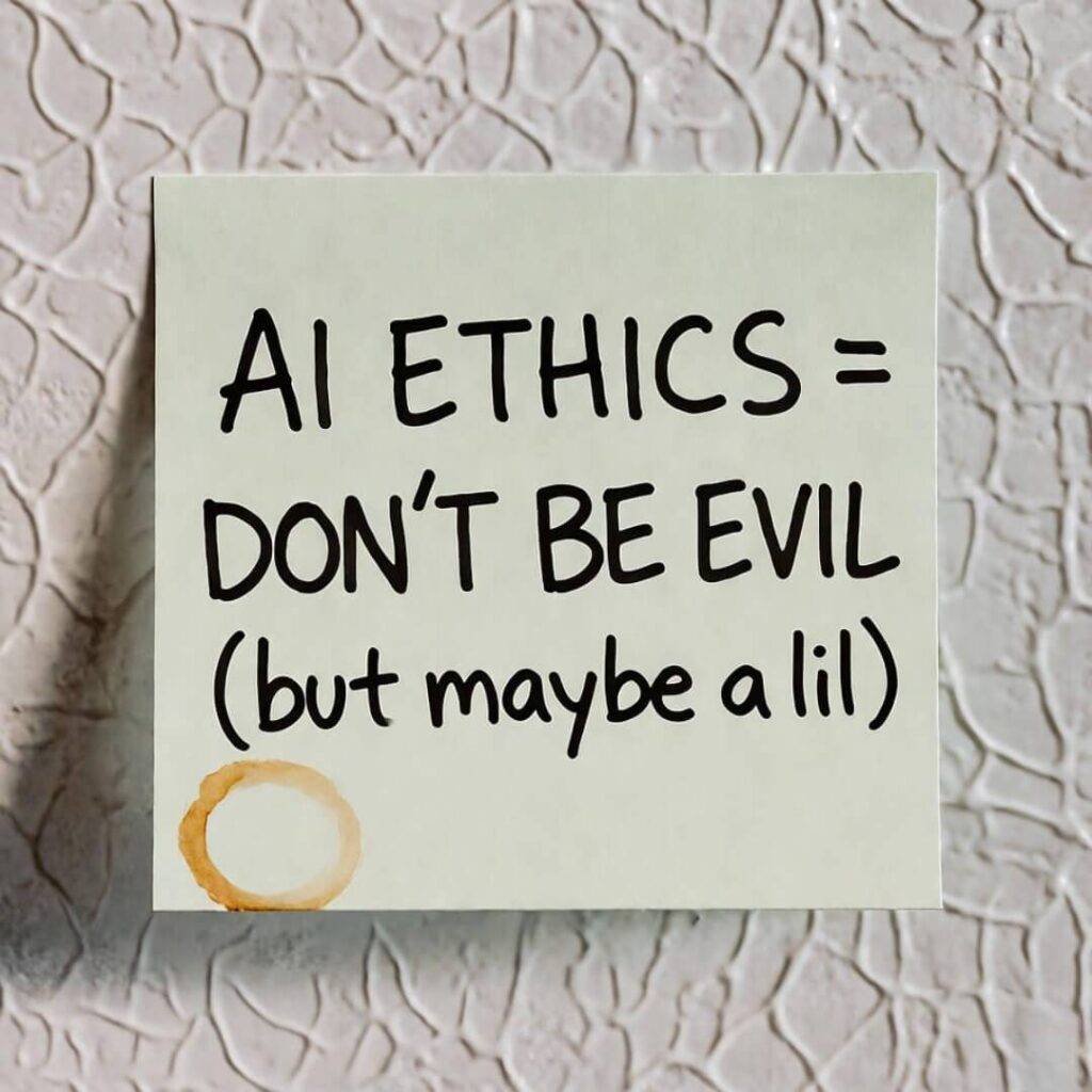Sticky note: "AI ETHICS = DON'T BE EVIL (but maybe a lil)" with coffee stain.