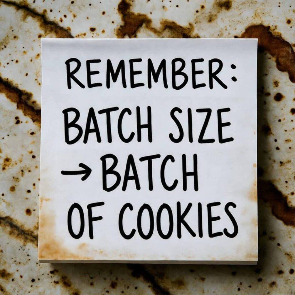 Coffee-stained sticky note: "REMEMBER: BATCH SIZE → BATCH OF COOKIES"