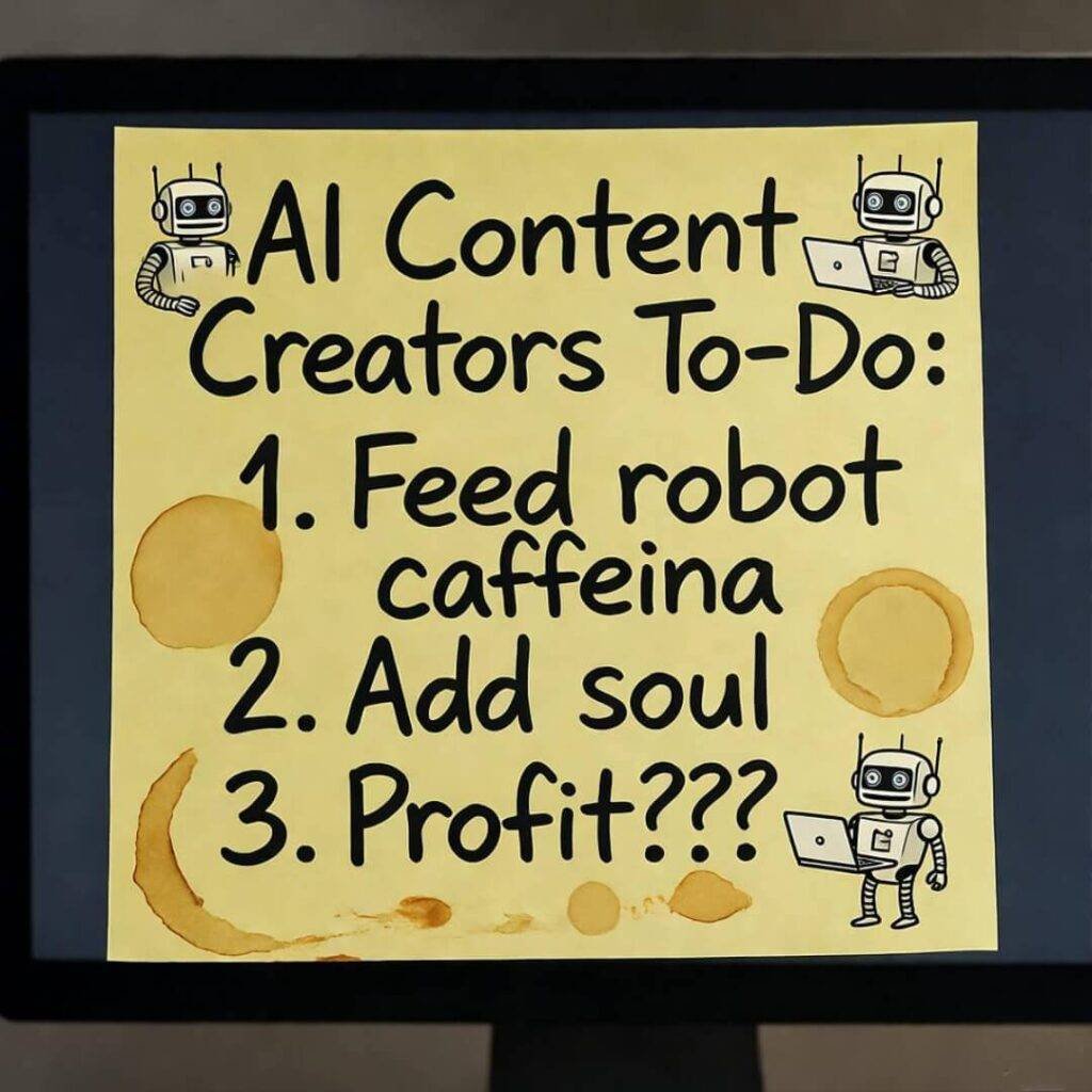 Sticky note on monitor: AI To-Do with coffee stains and robot doodles.