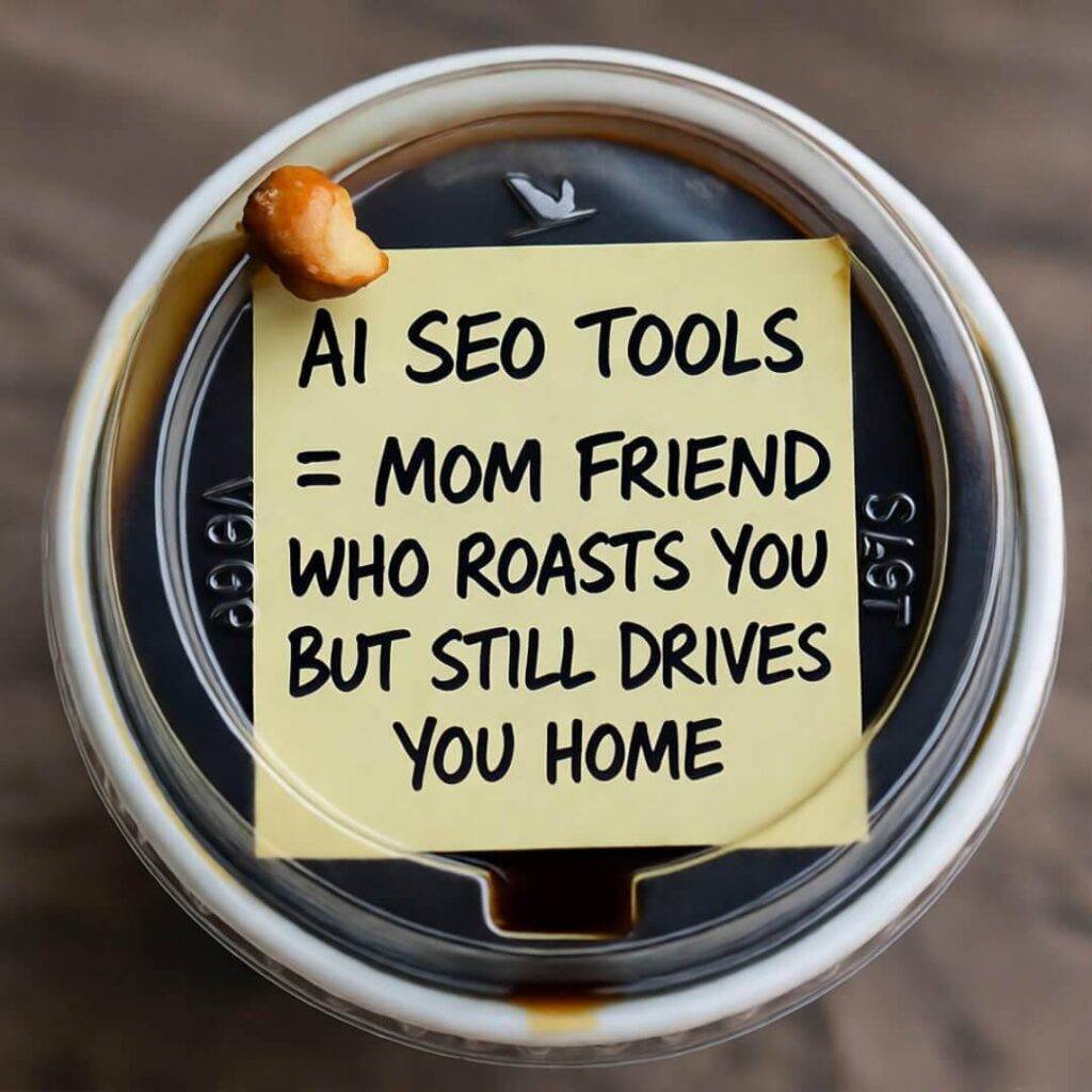 Sticky note on Wawa cup lid: "AI SEO TOOLS = MOM FRIEND WHO ROASTS YOU BUT STILL DRIVES YOU HOME." Pretzel crumb nearby.