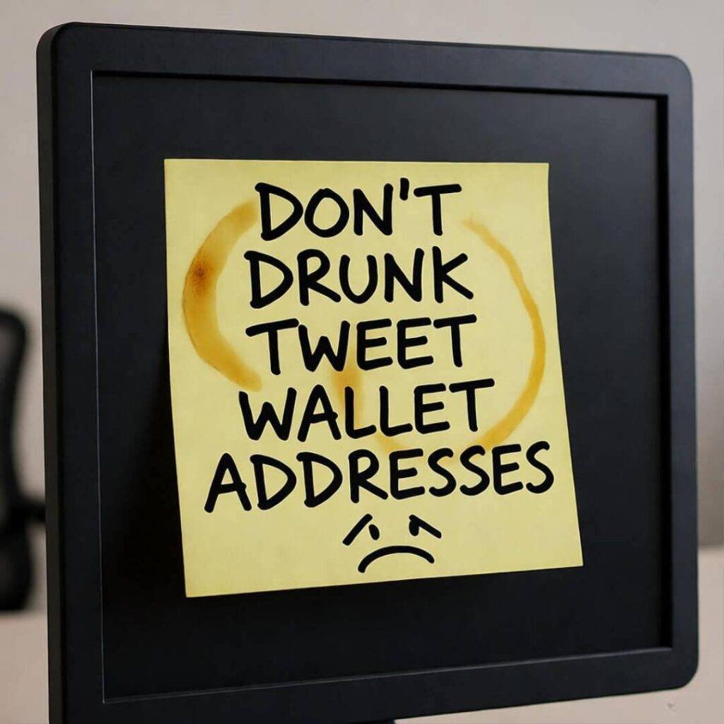 Sticky note on monitor: “DON’T DRUNK TWEET WALLET ADDRESSES” with sad face and coffee rings.
