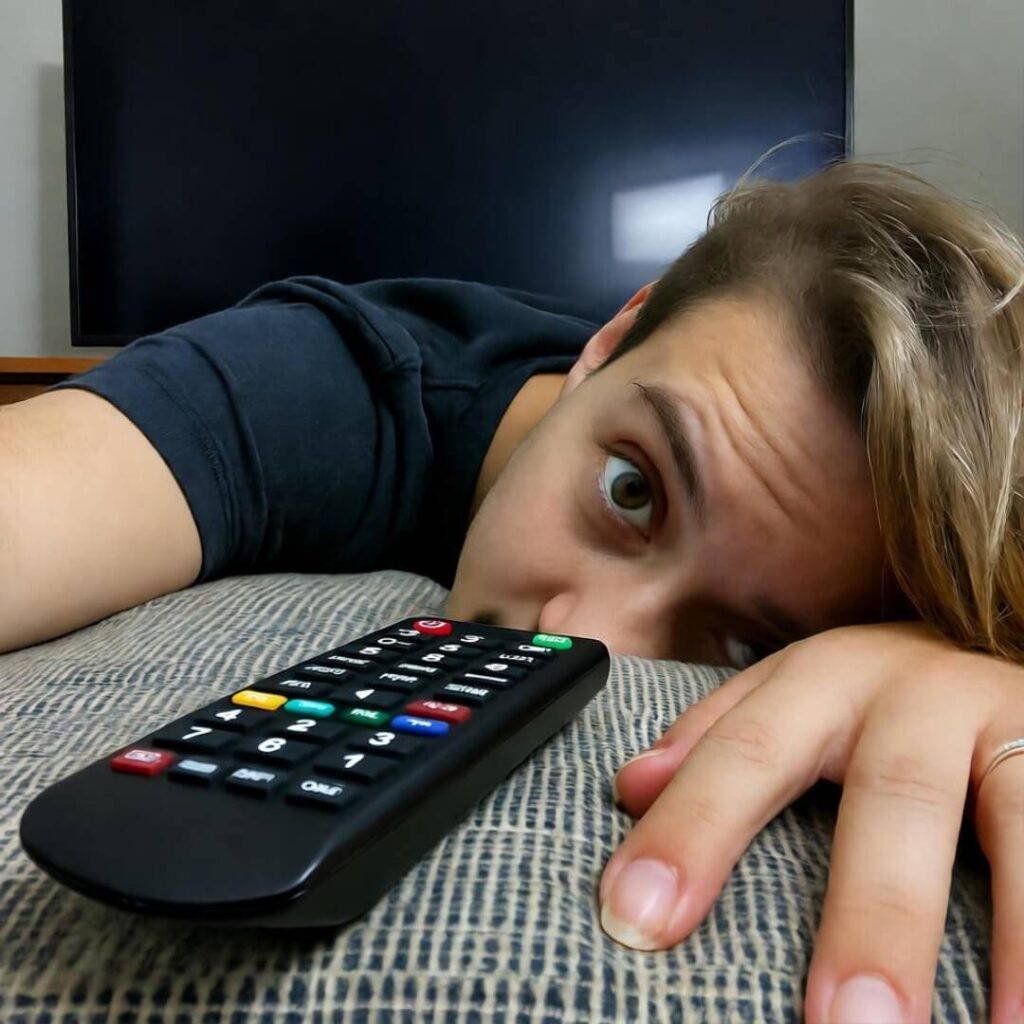 Selfie of face-planting into couch with glowing TV remote mocking in background.