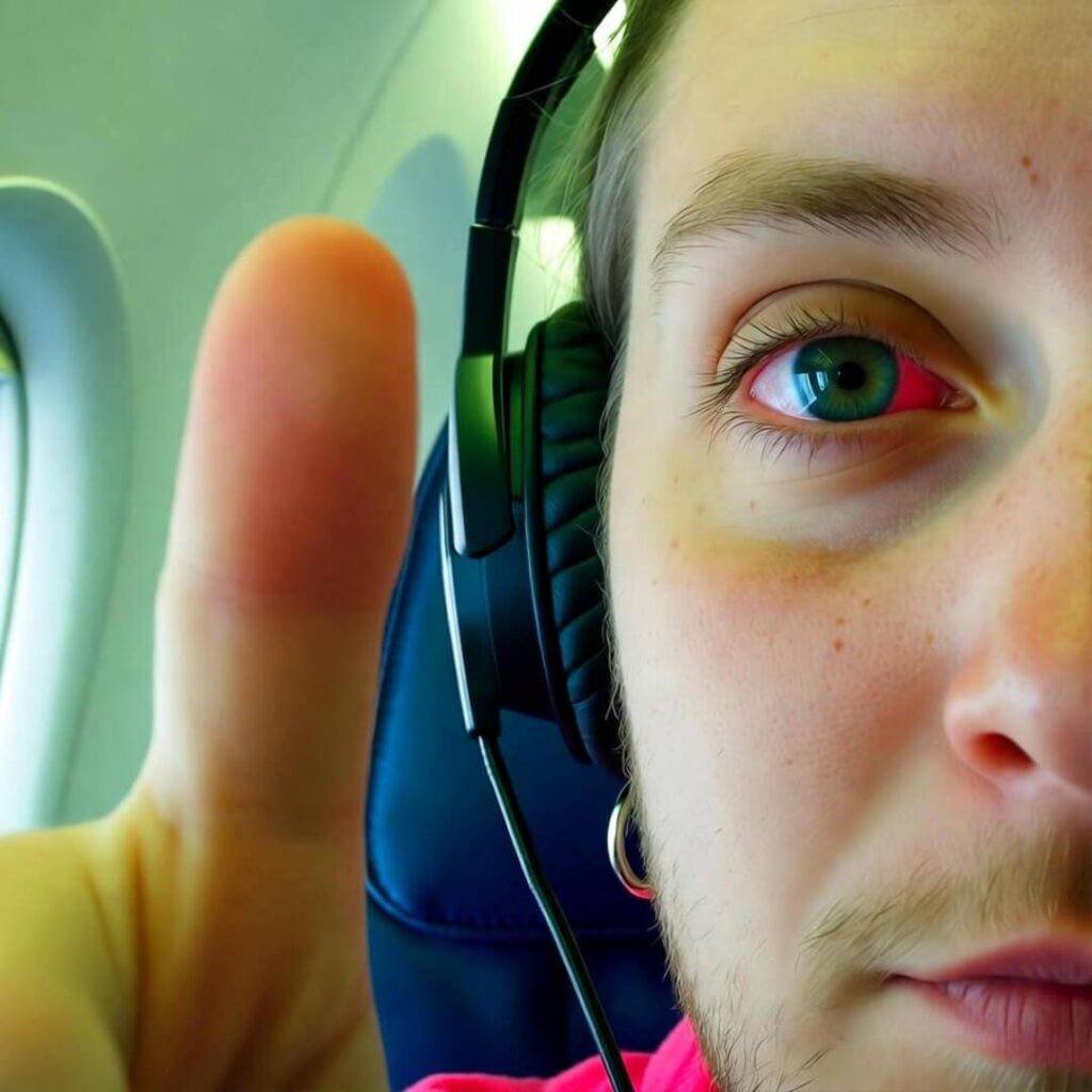 Shaky plane selfie: red eyes, headphone half-off, kid's finger poking in.