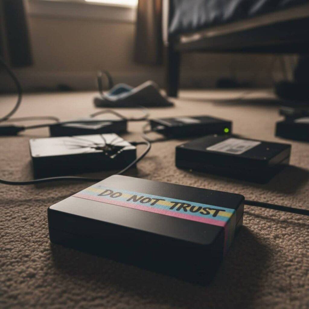 Cluttered desk, jury-rigged monitor, burrito, "budget beast mode."