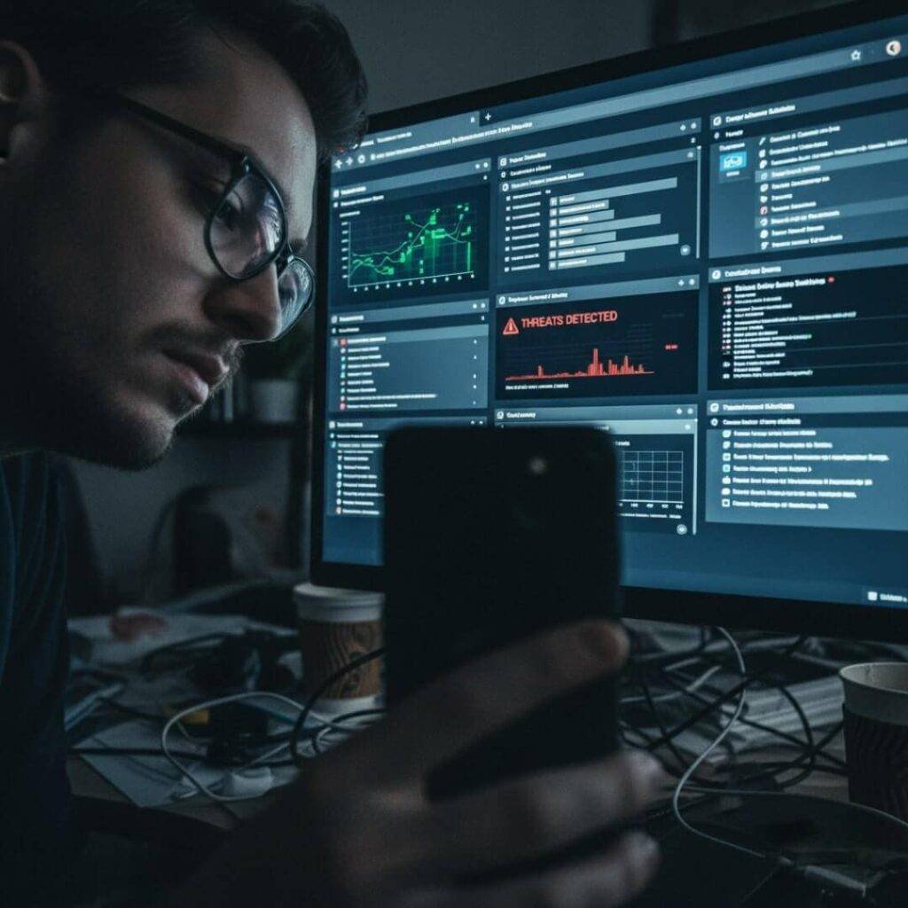Tired face reflecting in security tool tabs on laptop.