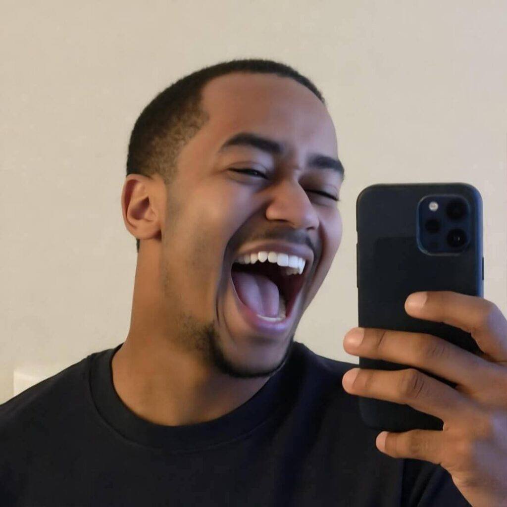 Blurry candid selfie laughing at AI project management rap.