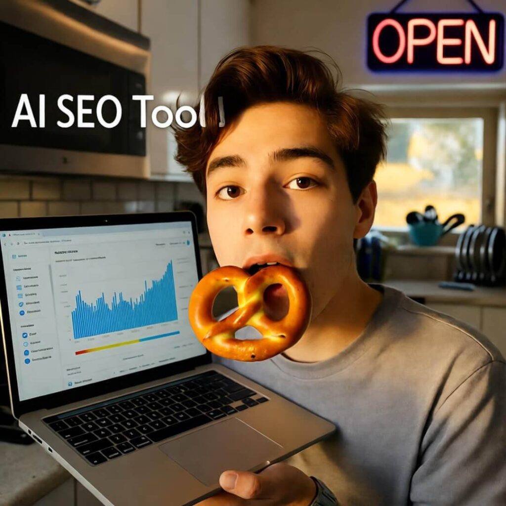 Golden hour selfie: sleepy eyes, pretzel in mouth, AI SEO laptop, dishes, neon OPEN sign.