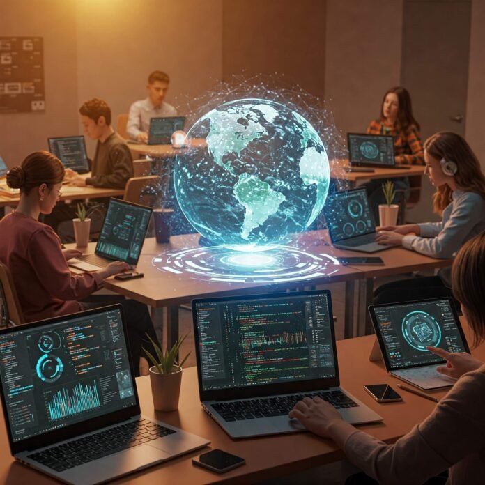 A futuristic digital classroom where students use laptops and tablets to engage with AI code, neural networks A futuristic digital classroom where students use laptops and tablets to engage with AI code, neural networks