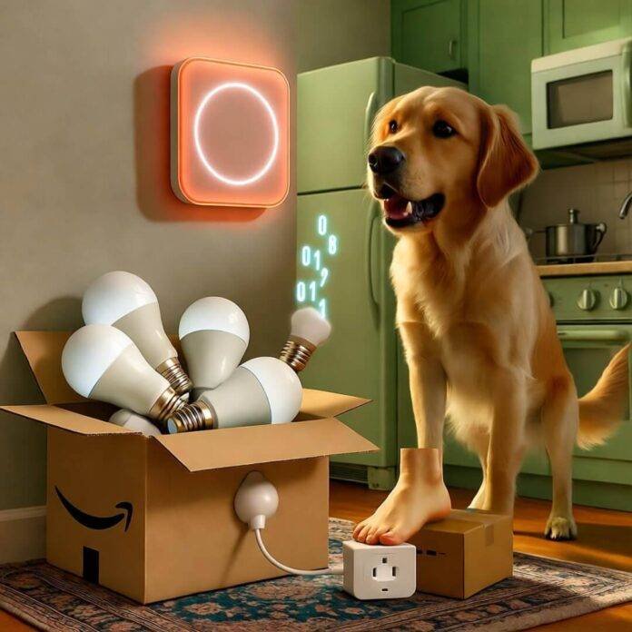 Golden retriever barks at glowing thermostat as foot steps on smart plug amid smart bulbs. Golden retriever barks at glowing thermostat as foot steps on smart plug amid smart bulbs.