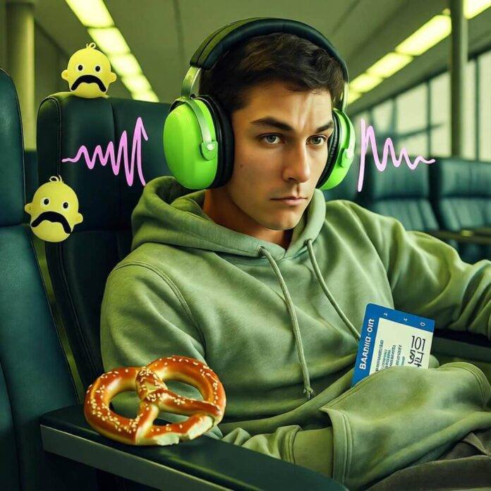 Slumped traveler in headphones ignores neon-pink baby sound waves; pretzel half-eaten. Slumped traveler in headphones ignores neon-pink baby sound waves; pretzel half-eaten.