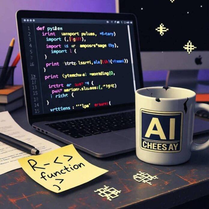 Blurry desk with glitchy Python script, chipped AI mug, crumpled R code note. Blurry desk with glitchy Python script, chipped AI mug, crumpled R code note.