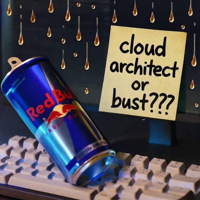 Half-empty Red Bull on glowing keyboard; sticky note reads "cloud architect or bust???" Half-empty Red Bull on glowing keyboard; sticky note reads "cloud architect or bust???"