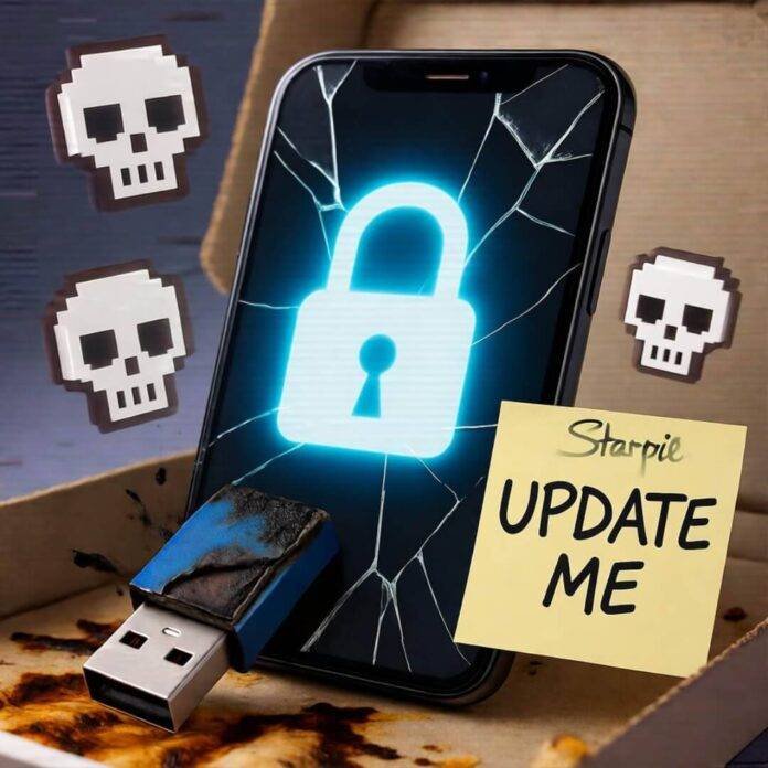 Cracked phone with glowing padlock, burnt USB in pizza box, "UPDATE ME" note, neon cyan skulls. Cracked phone with glowing padlock, burnt USB in pizza box, "UPDATE ME" note, neon cyan skulls.