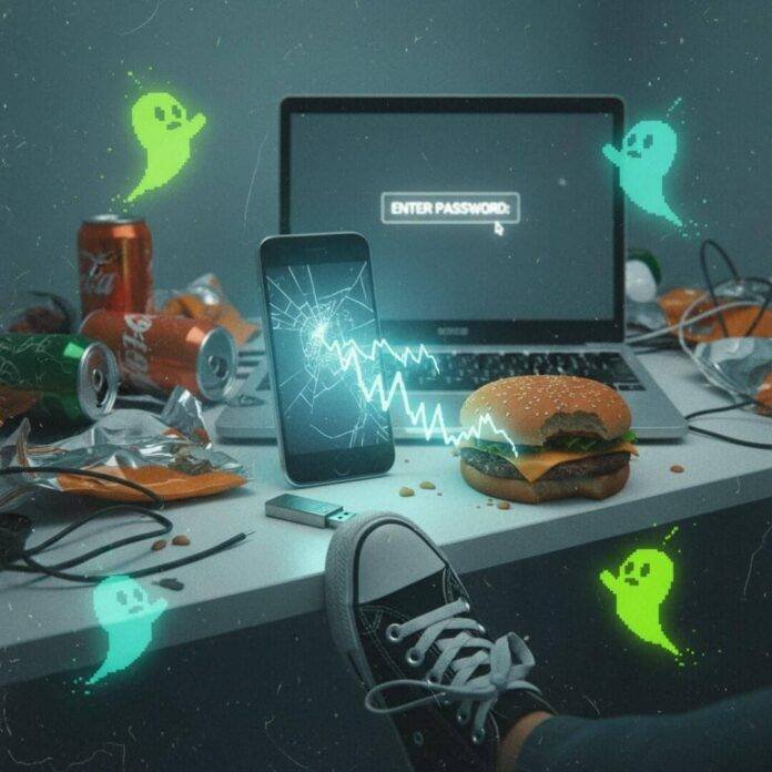 Cracked phone screen, burger, laptop, sneaker on USB. Cracked phone screen, burger, laptop, sneaker on USB.