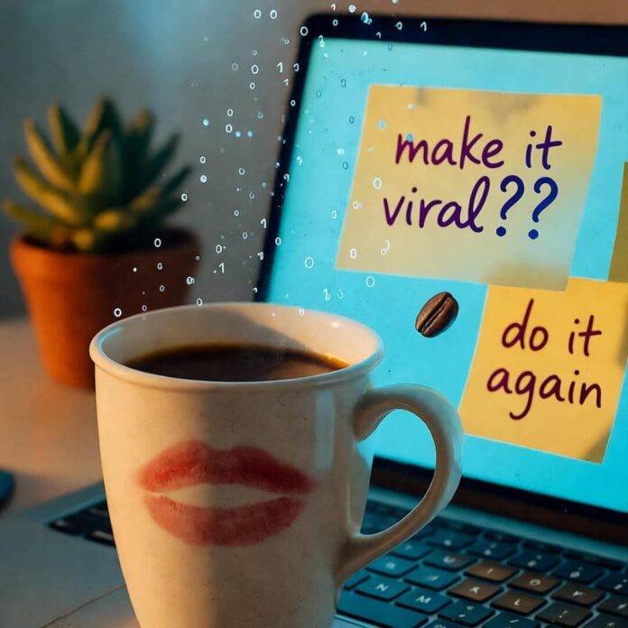 Half-empty coffee mug with lipstick smudge, laptop glowing on "make it viral??" Post-its. Half-empty coffee mug with lipstick smudge, laptop glowing on "make it viral??" Post-its.