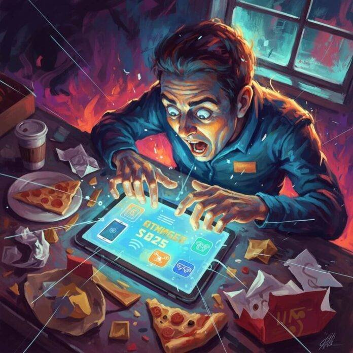 Frantic man reacting to "GADGET SD25" on a tablet. Frantic man reacting to "GADGET SD25" on a tablet.