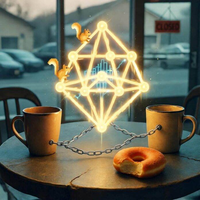 Glowing blockchain hovers over chained mugs and half-eaten donut, pixelated squirrels scamper. Glowing blockchain hovers over chained mugs and half-eaten donut, pixelated squirrels scamper.