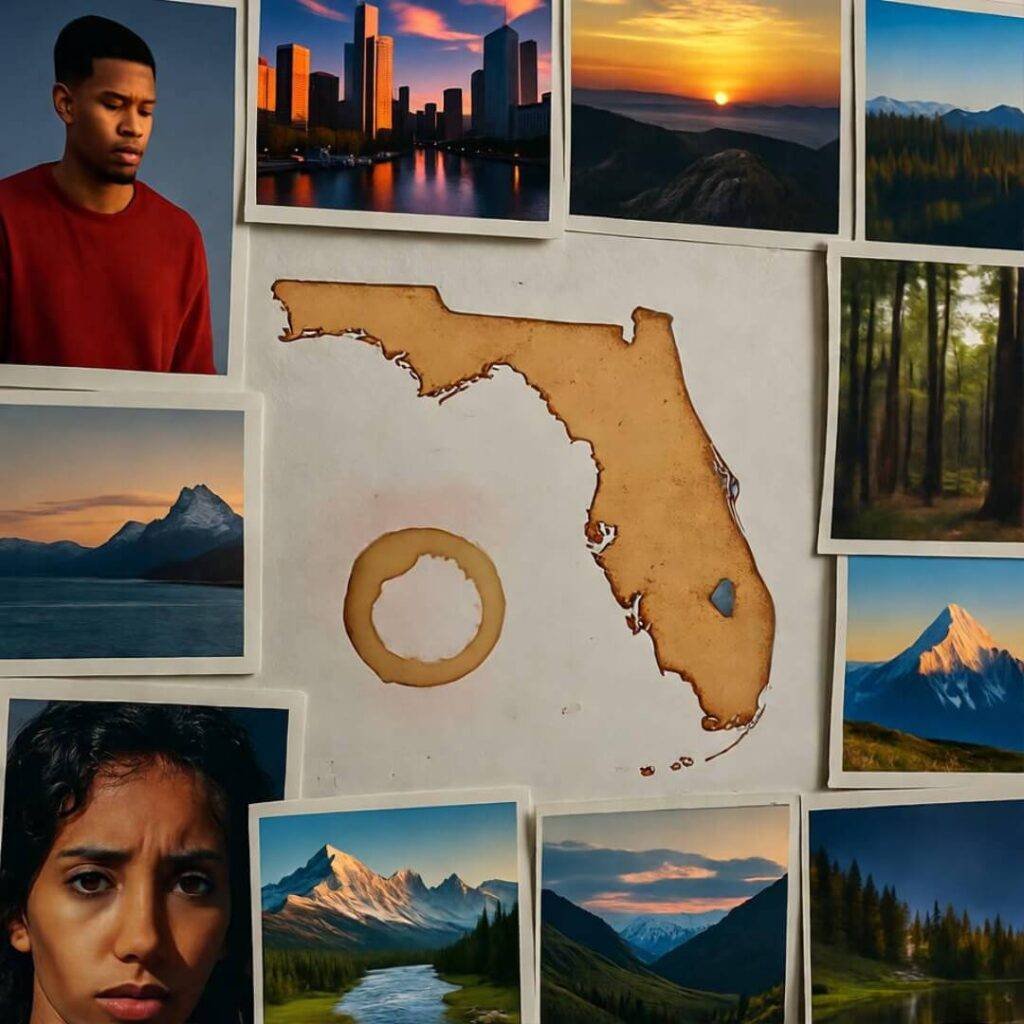 Wall of AI printouts with Florida-shaped coffee stain and sticky notes.