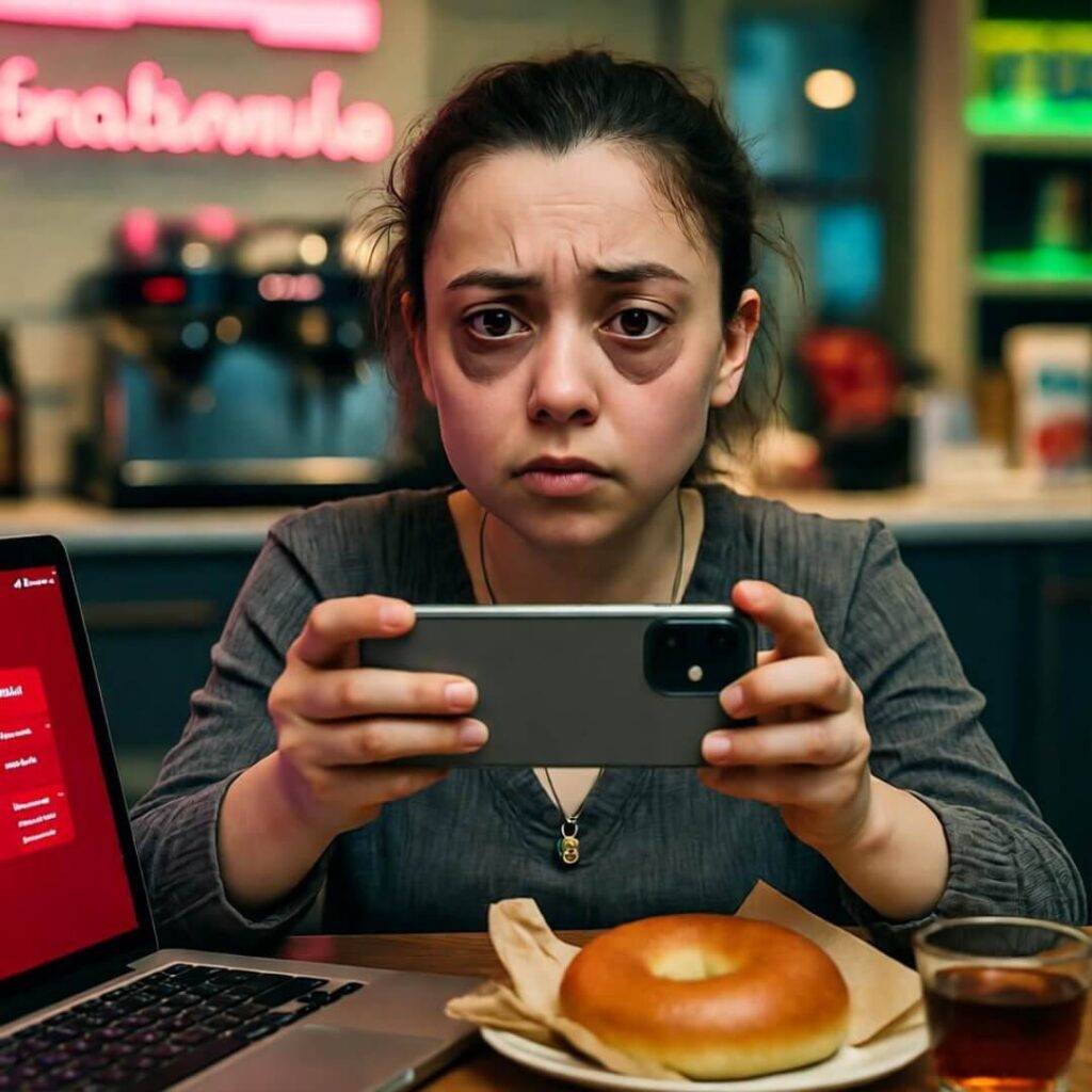 Woman with phone and laptop, looking concerned, bagel on table.
