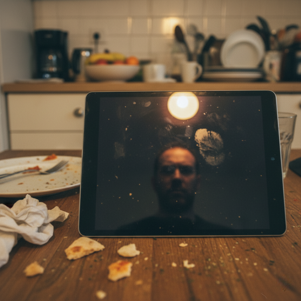 Thumb-smudged tablet reflecting frustrated face, pizza crumbs.