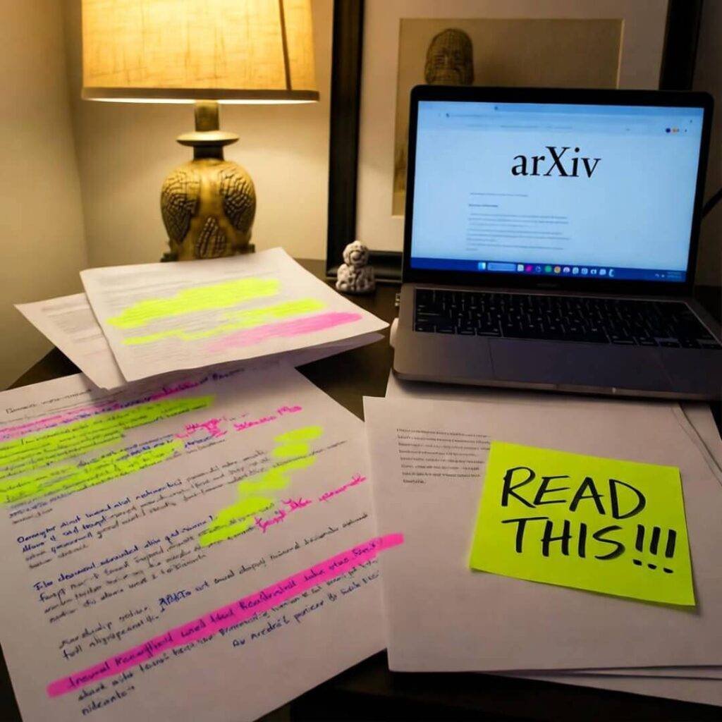 Shaky desk photo: AI papers with highlighter, laptop on arXiv, chaotic sticky note.