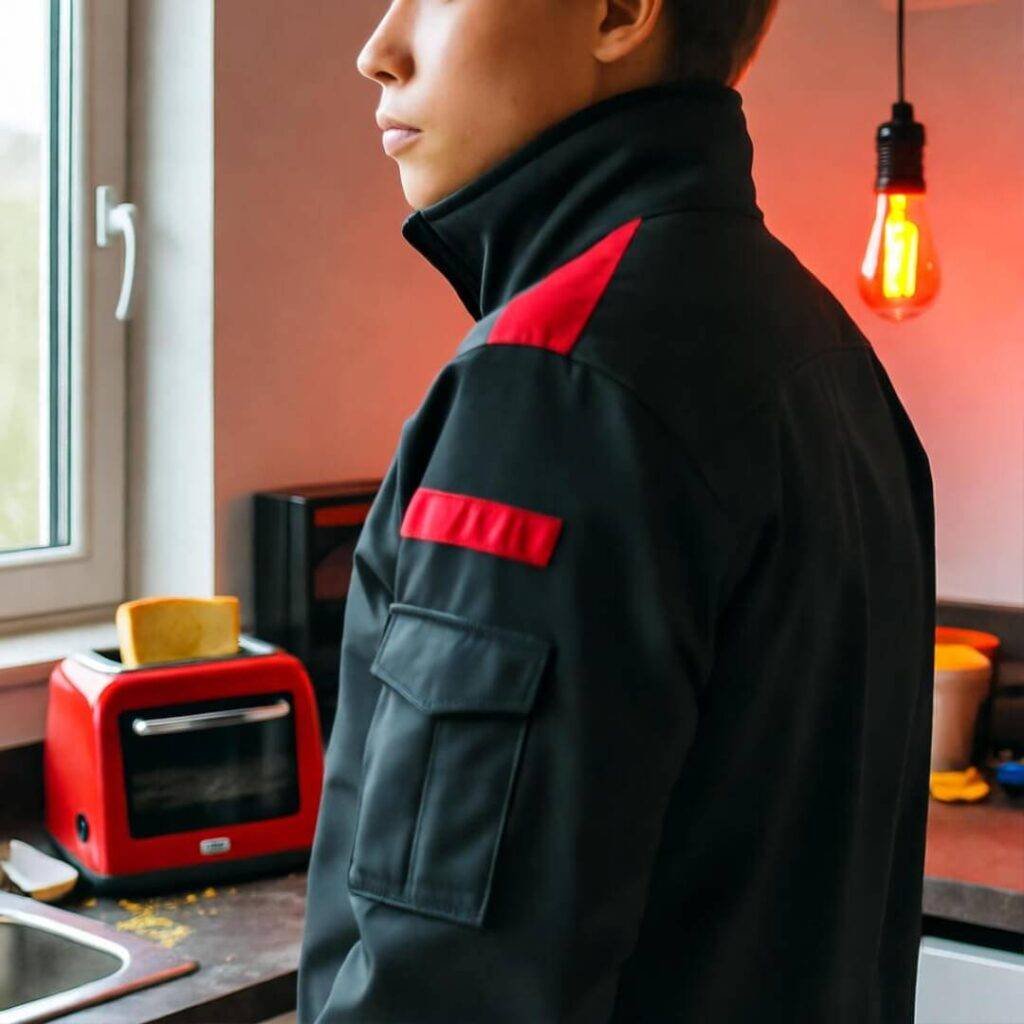 Blurry shot of smart fabric jacket test in messy kitchen with toast crumbs.