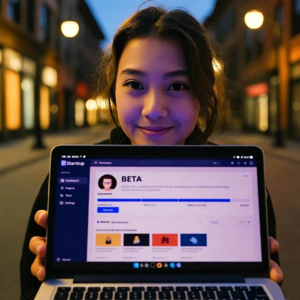 Blurry selfie with laptop showing startup beta app in dim streetlight.