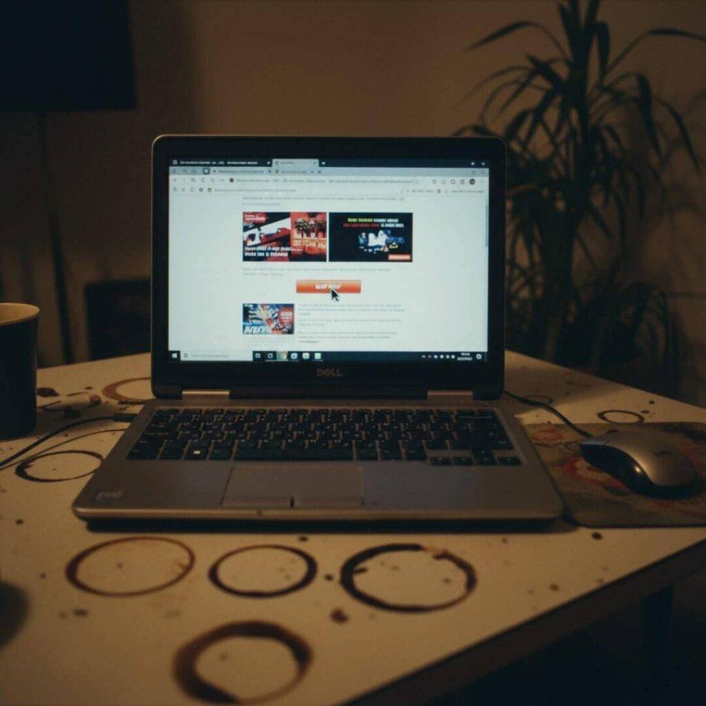 Shaky photo of Dell laptop with many tabs and coffee.