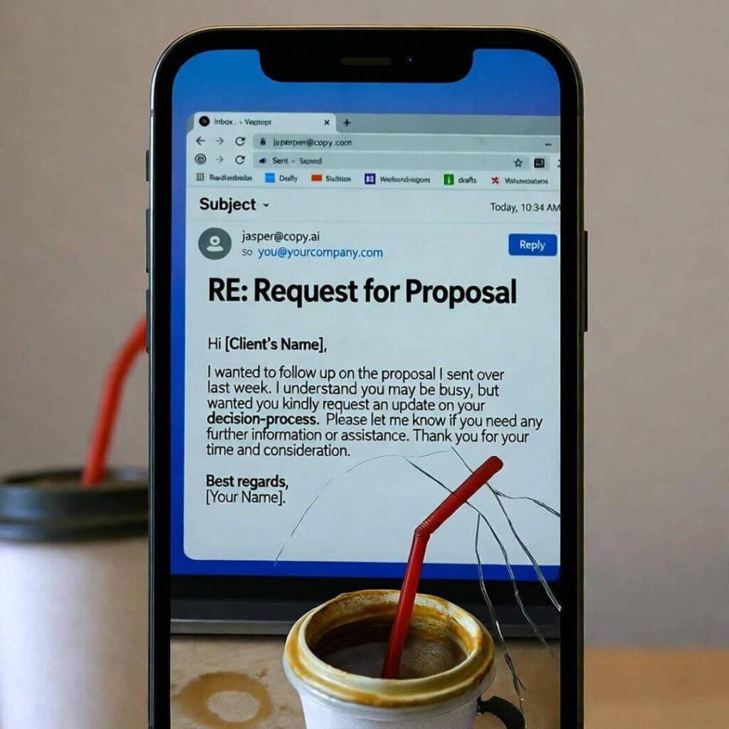 Blurry cracked iPhone showing Jasper email on laptop, coffee rings on desk.