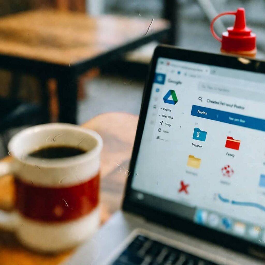 Blurry laptop with Google Drive, half coffee mug, ketchup smudges on table.