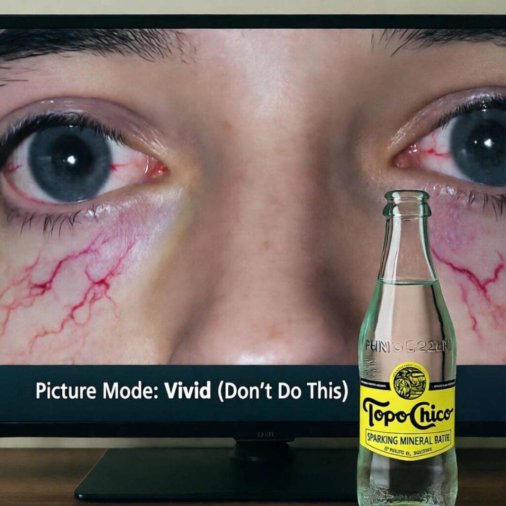 Blurry TV screen shows bloodshot eyes reflecting half-empty Topo Chico, "Picture Mode: Vivid (Don’t Do This)".