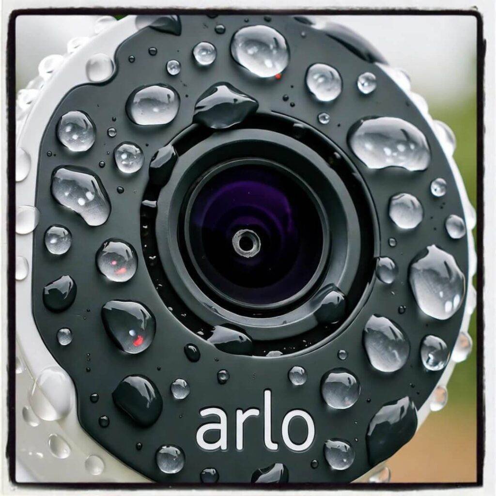 Arlo camera lens obscured by water droplets, shaky iPhone storm photo.
