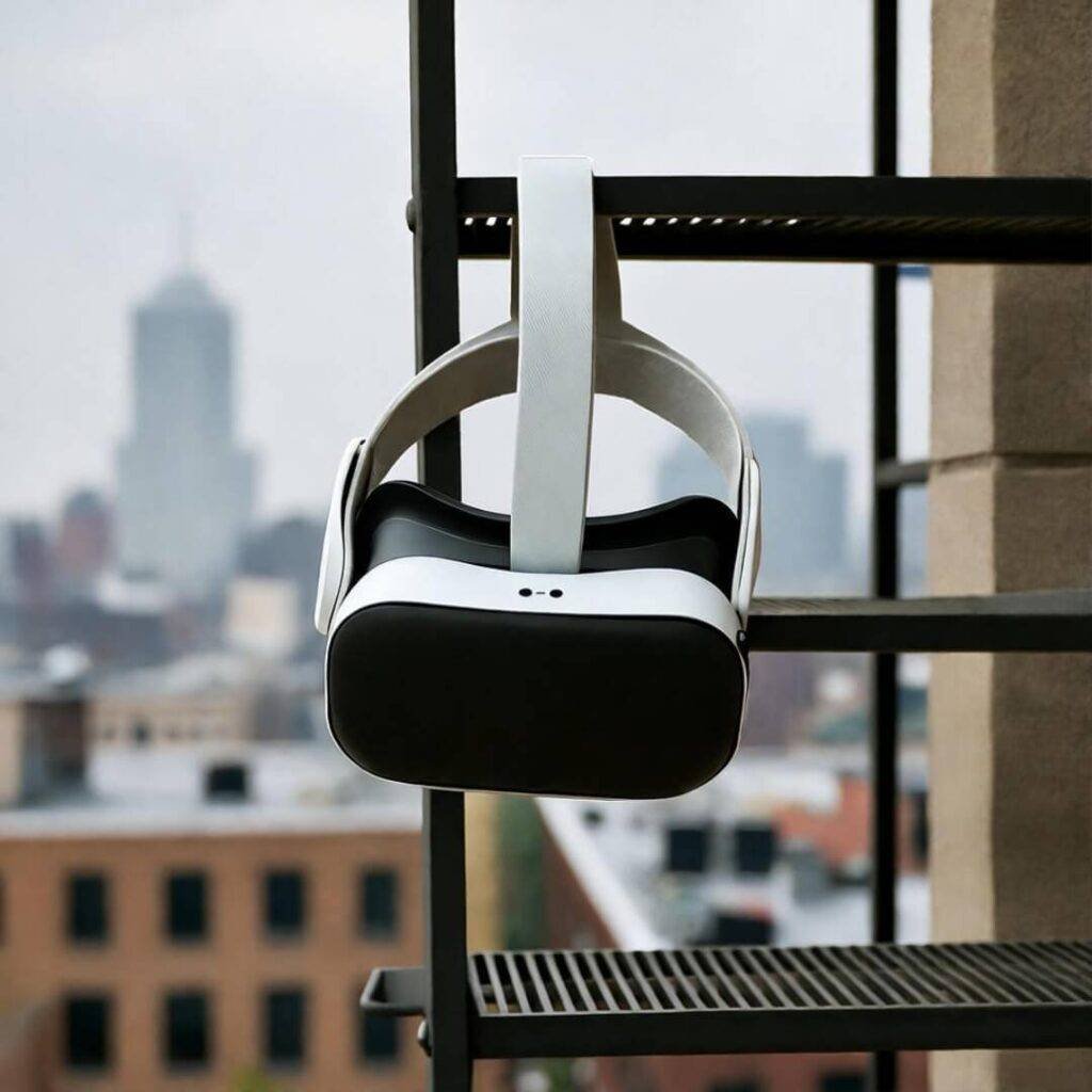 Blurry VR headset dangling sadly on fire escape, city smog in background.