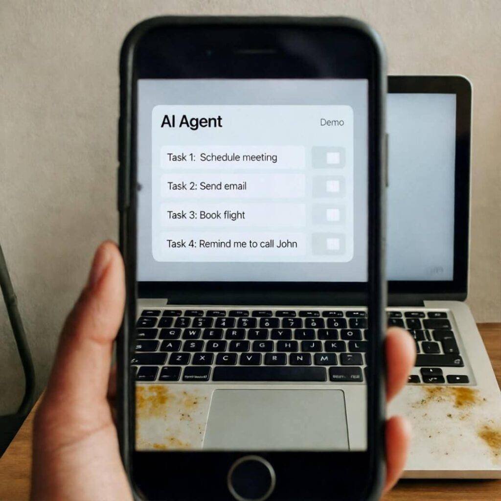 Blurry cyberpunk scene: holographic AI, glitchy robot spills coffee on circuits.