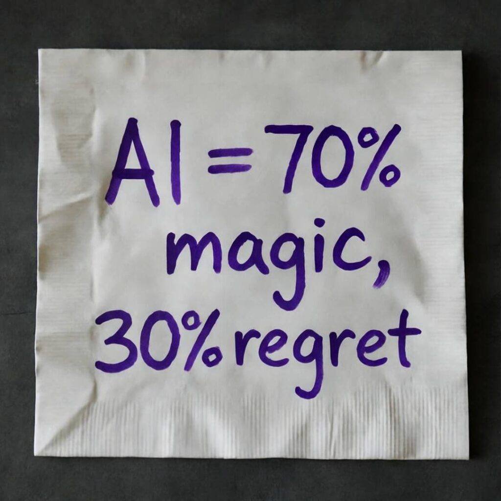 Crumpled napkin with purple marker: "AI = 70% magic, 30% regret"