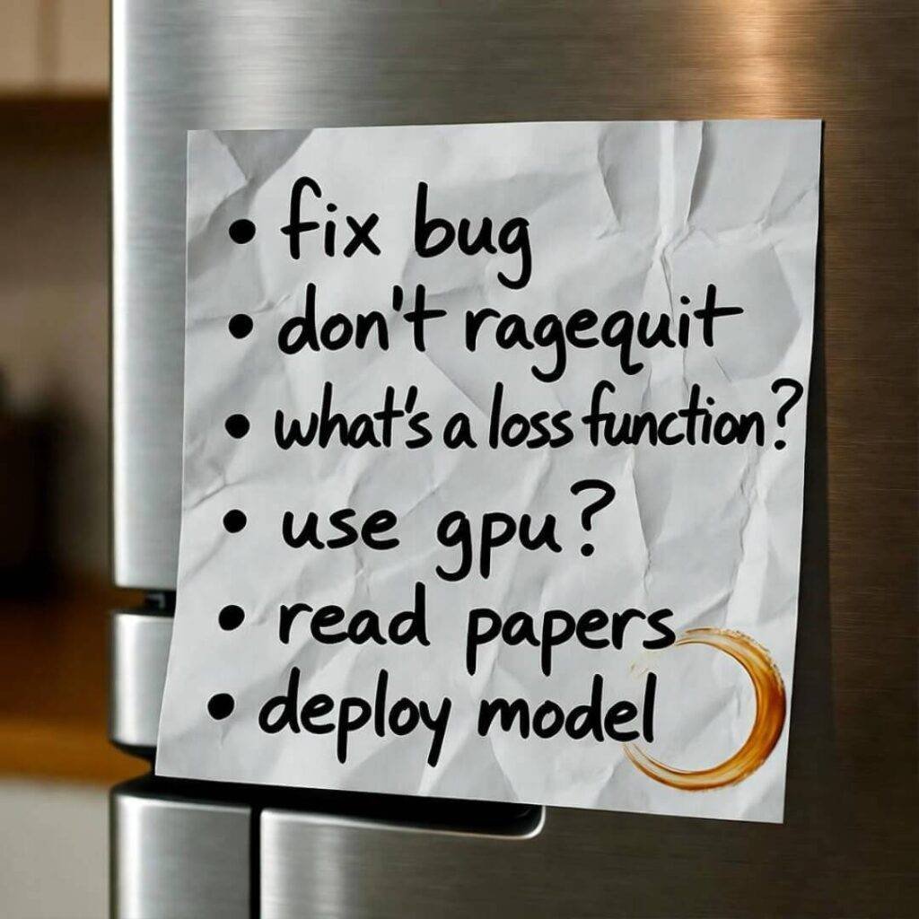 Crumpled sticky note on fridge with AI to-dos, coffee stain, warm tones.