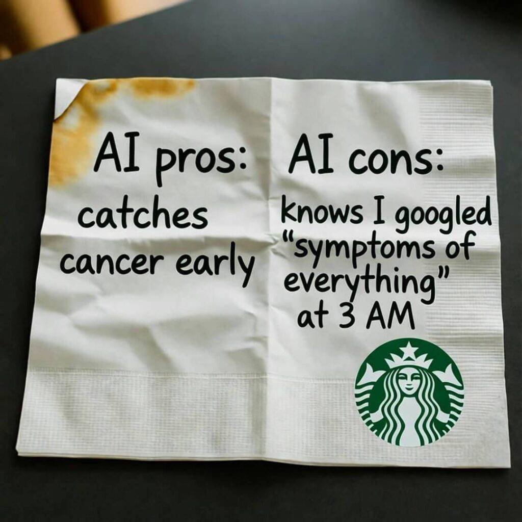 Starbucks napkin with AI pros and cons in messy handwriting.