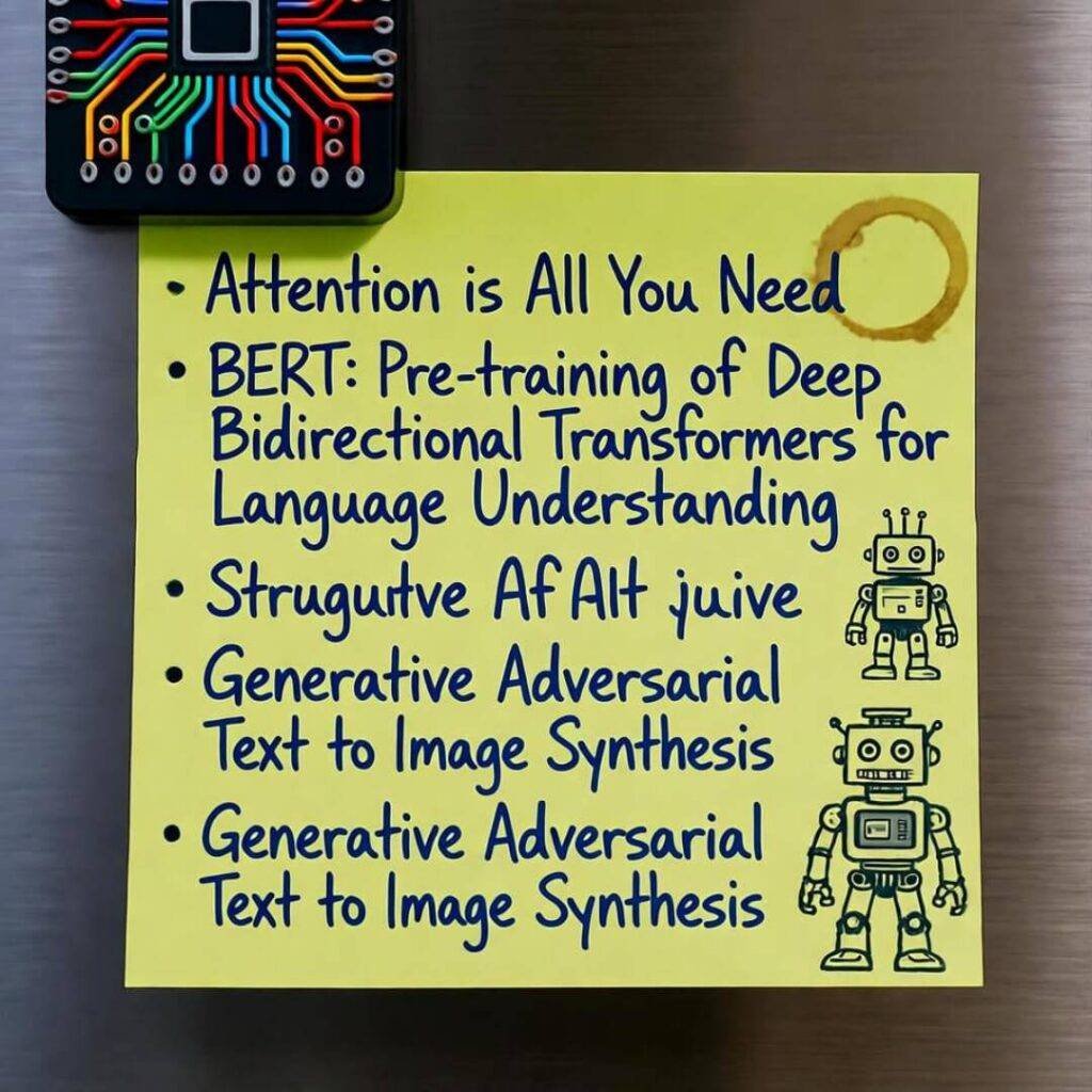 Yellow sticky note on fridge with AI paper list, robot doodles, coffee stain.