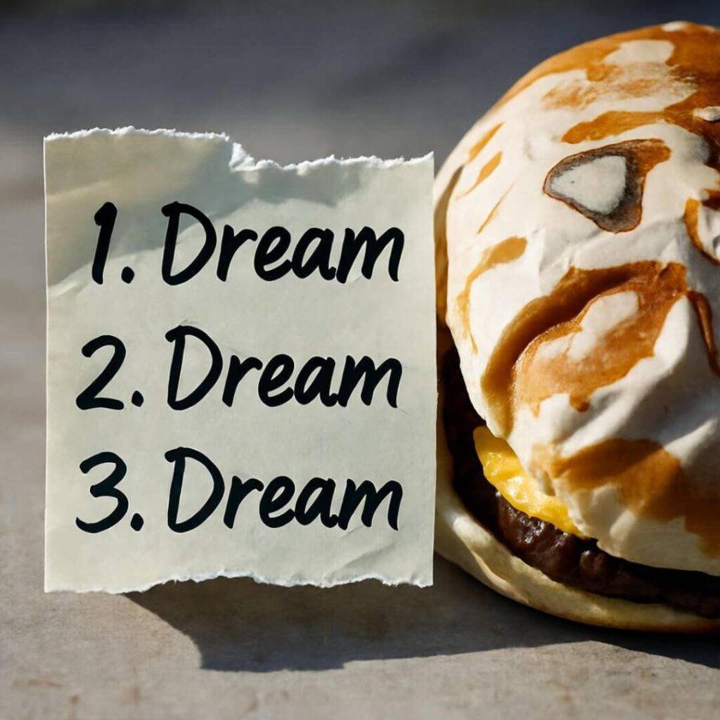 Tilted ripped sticky note with dream app list next to soggy burger.